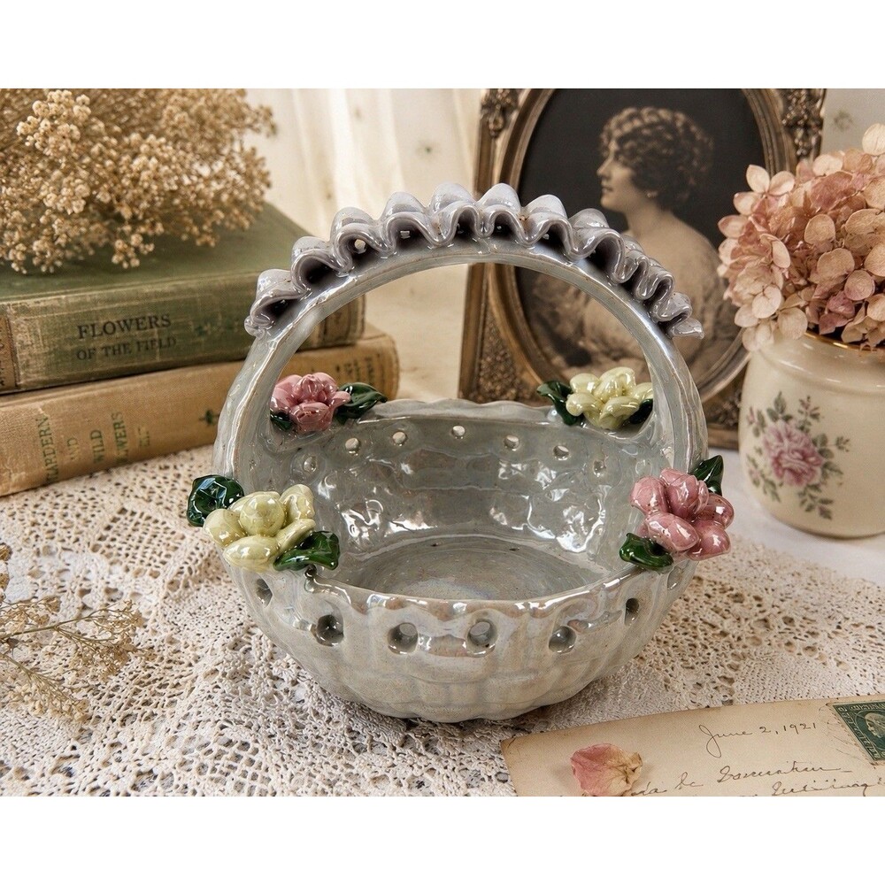 Vintage Ceramic Floral Basket Planter Iridescent Luster Art Pottery Cottagecore